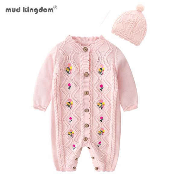 

mudkingdom baby girls rompers autumn winter long sleeve knit flower embroidery hat infant jumpsuit baby clothes 201030, Blue