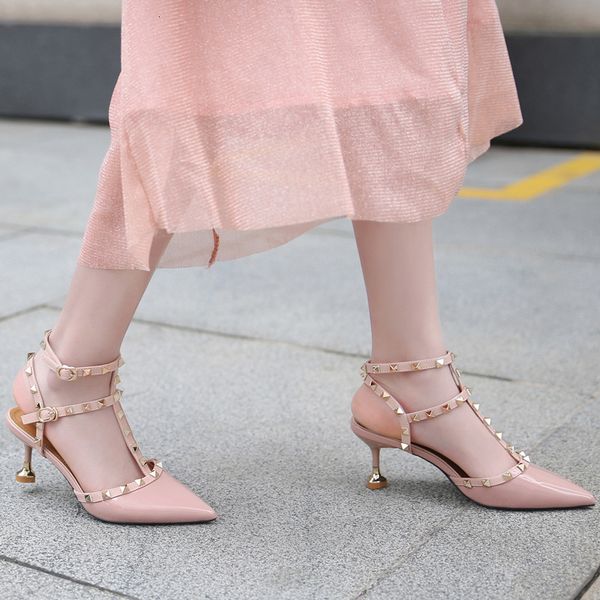 

red 2020 pointed rivet high-heeled shoes for women's slim heels with flat buckle and sandals for women's xia liuding wedding shoes, Black