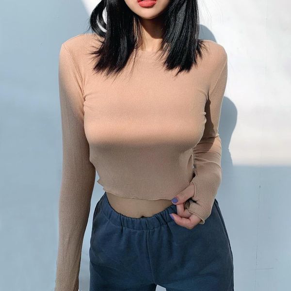 

women's t-shirt women crew neck crop in rib with thumb hole, White