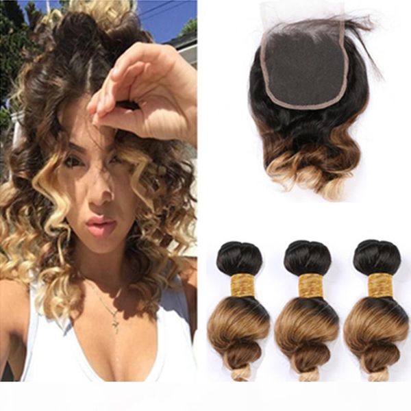 

loose wave peruvian 3tone ombre human hair bundles with closure #1b 4 27 ombre wavy virgin hair lace closure with weave bundles, Black