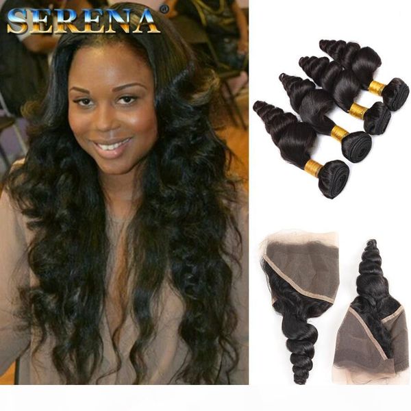 

human hair brazilian malaysian peruvian indian 13 x 4 lace frontal pre plucked baby hair body wave loose wave bundles with frontal, Black;brown