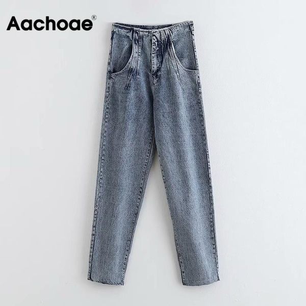 

aachoae women high waist blue jeans 2020 harajuku pleated long mom jeans pants ladies casual pockets denim trousers streetwear