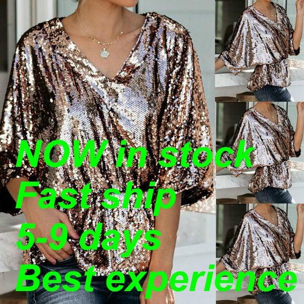

2020v-neck elastic waist loose five-point sleeve sequined nightclub blouse women1, White