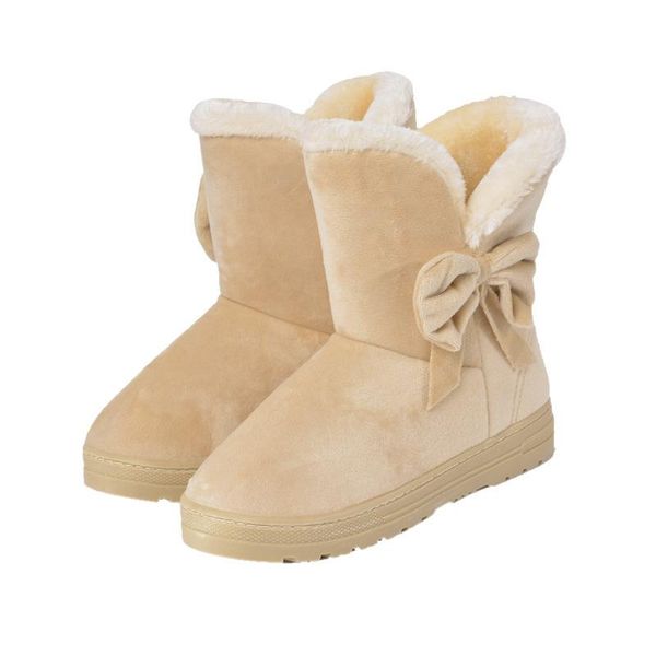 

new arrivals winter boots women middle tube back lace up round head bow tie suede flat heel undefined snow cotton boots 2020, Black