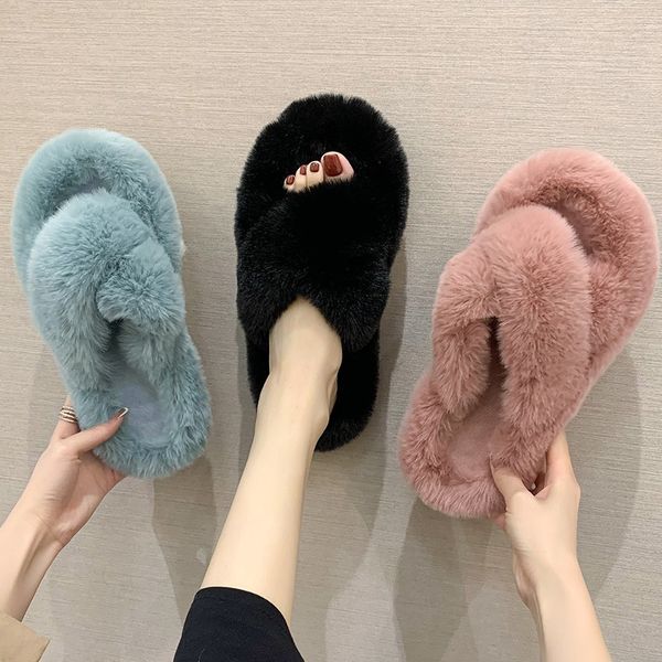 

fluffy plush home slippers women faux fur winter slippers furry fashion sell well cross slides blue slip house warm women shoes, Black