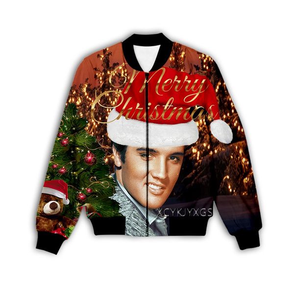 

christmas elvis presley 3d sublimation print men women zipper up jacket coat outerwear plus size k07, Black