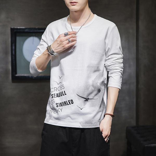 

long sleeve t-shirt round neck men's autumn 2020 new clothes slim casual fashion bottom coat, White;black