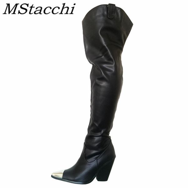 

mstacchi bling pointed side zipper women boots crude heel solid color pleated rome classics ladies shoes chaussure femme talon, Black