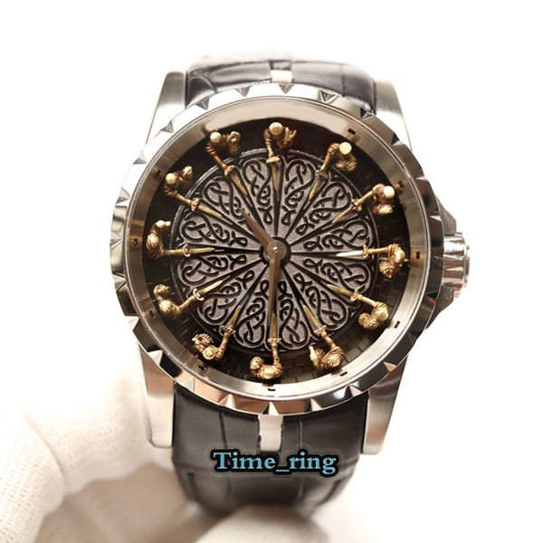 

version excalibur rddbex0495 12 knights dial silver steel case automatic mechanical movement mens watch leather strap designer watches, Slivery;brown