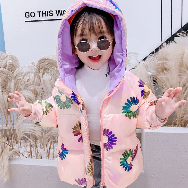 

girl's down 2020 new gradient color daisy cotton padded jacket fashion for children's bright face and light winter wear, Blue;gray