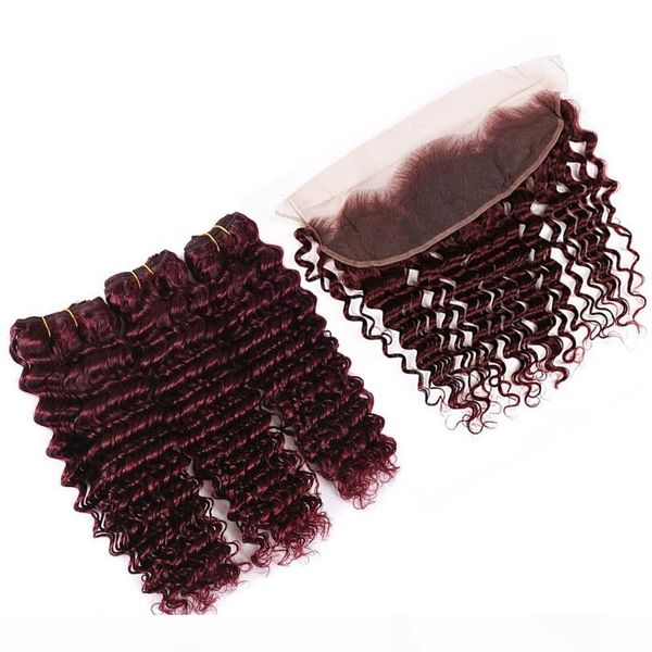 

pure 99j wine red deep wave malaysian hair 3bundles with lace frontal deep wavy burgundy human hair weaves with full lace closure 13x4, Black;brown