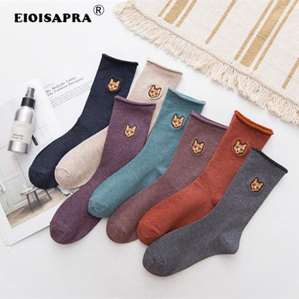 

eioisapra] kawai women funny socks crew cartoon animals cat embroidery pattern cotton socks women calcetin mujer sokken girls1, Black;white