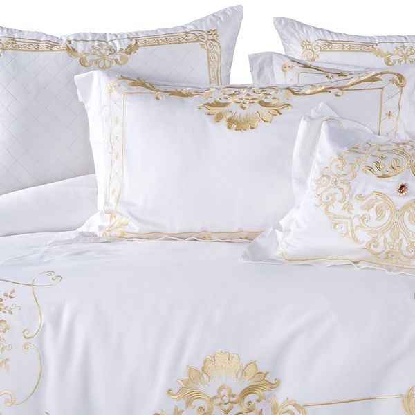 Установите белые золотые постельные принадлежности Queen Super Super King Size Кровать простыня Люкс Egypian Хлопок Вышивка Постельное белье Подгодичная Пододеятельная Обложка 201120