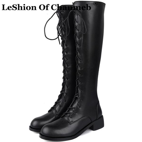 

largest size 48 lady block heels motorcycle boots women winter warm knee high boots female zipper lace up combat shoes new, Black