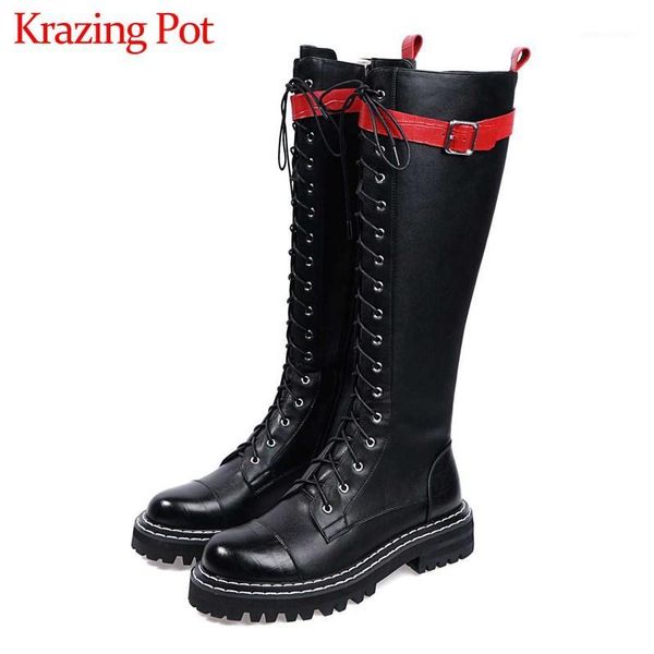 

krazing pot star cow leather mixed colors round toe med heels buckle straps women winter keep warm lace up thigh high boots l291, Black