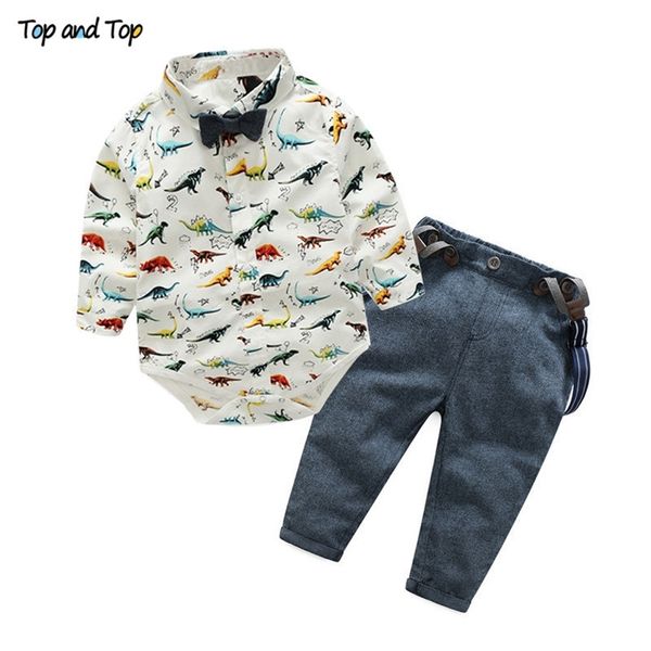 

and fashion baby boy clothes long sleeve dinosaur print shirt romper+suspenders pants 3pcs gentleman baby clothing set lj201023, White