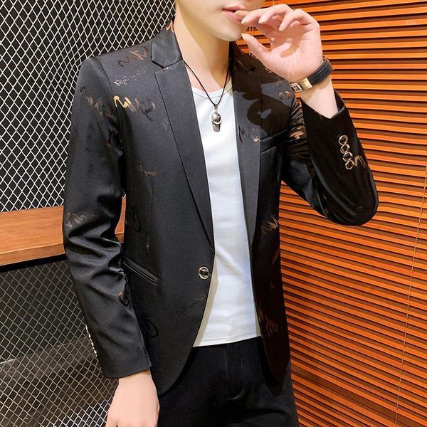 

men slim fit blazer 2021 spring autumn classic single buckle dress printing business casual youth fashion suit jacket coat1, White;black
