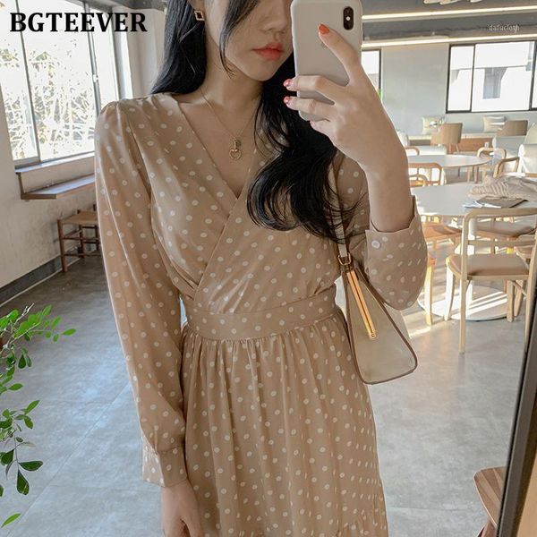 

bgteever spring v-neck slim waist women dress casual dot print ruffles female a-line dress 2020 summer vestidos femme1, Black;gray