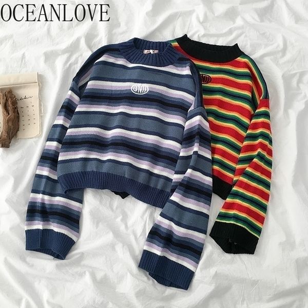 

oceanlove autumn winter sweaters women all match striped rainbow student pullovers korean sueter mujer fashion 13314 t200811, White;black