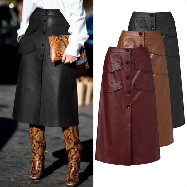 

womens pu leather vestidos zanzea 2020 stylish button skirts high waist split pockets midi skirts female solid robe oversized, Black
