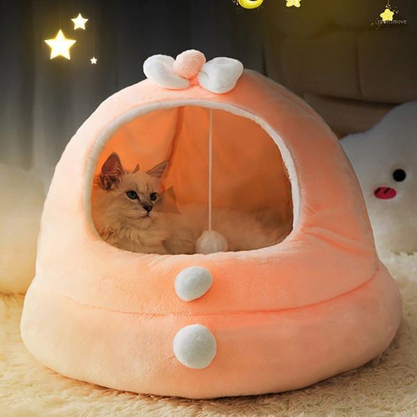 

deep sleeping cat cave bed cushion soft puppy kennel round plush house for the cats washable dogs mat foldable pet accessories1