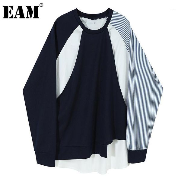 

eam] loose dark blue striped irregular sweatshirt new round neck long sleeve women big size fashion spring autumn 2020 1z8571, Black