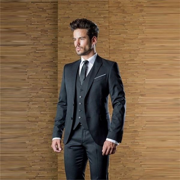 Yakışıklı Kömür Özel Erkek Düğün Takım Elbise Desteklenen Yaka Slim Fit Damatlar Smokin Üç Adet İş Takım Elbise (Ceket + Pantolon + Yelek) 201106