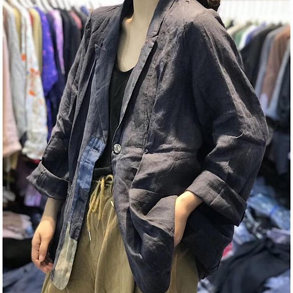 

women's suits & blazers women loose linen patchwork thin coat blazer outerwear ladies vintage flax female 2021 autumn jackets, White;black