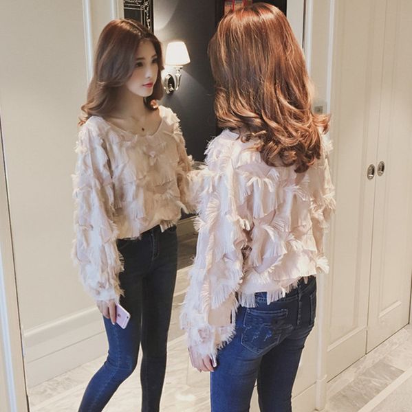 

autumn new style v-neck bottomed shirt tassel feather long sleeve heart dress female student design sense minority t-shirt