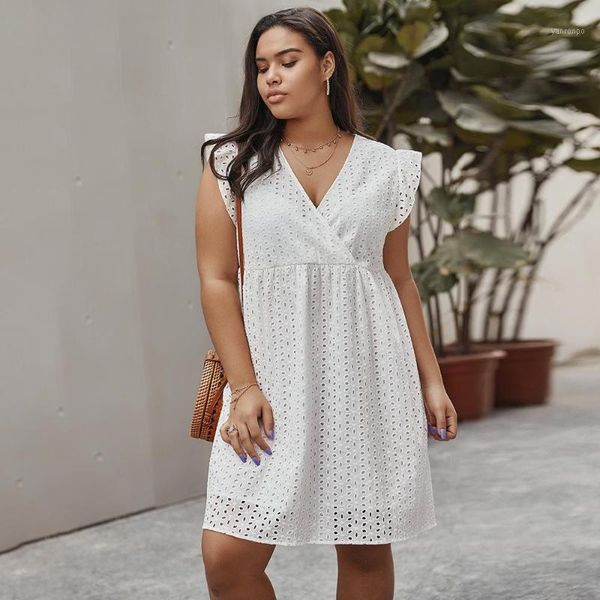 

summer 2020 plus size women's sleeveless dress v-neck hollow design elegant beach dress white college party mini 4xl1, Black;gray