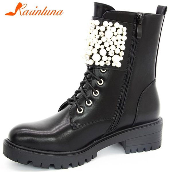 

karin brand new female fashion all-match boots round toe chunky heels bead buckle zipper women boots ankle women shoes, Black