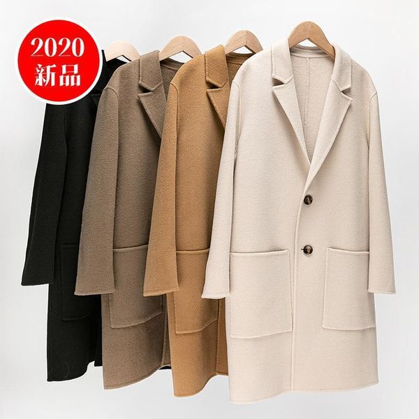 

early autumn new men's cashmere overcoat double faced korean slim coat hand sewn coat1, Black