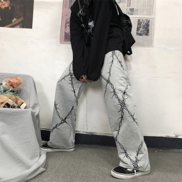 

harajuku retro women pants thorns printed elastic waist loose wide leg pants fashion streetwear grunge dark casual pants 201228, Black;white