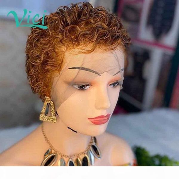 

pixie wig human hair short curly human hair wigs brown bob lace front wigs pre plucked bleached knots with baby, Black;brown