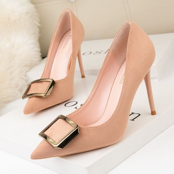 

2020 fashion female stiletto shoes shallow mouth suede to metal thin women's high heels kh4i, Black