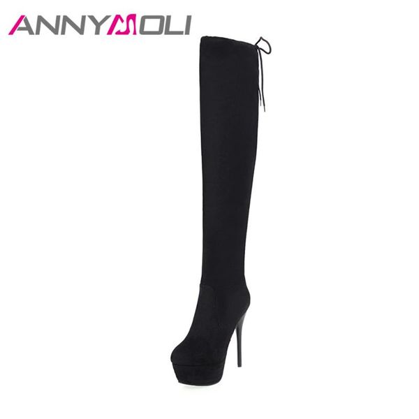 

annymoli women winter shoes platform high heel boots over the knee boots ladies stretch thigh high 2020 size 43 red, Black