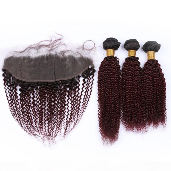 

burgundy ombre kinky curly human hair weave bundles with frontal closure #1b 99j wine red ombre indian hair wefts with lace frontal 13x4, Black;brown