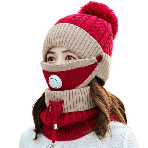 

winter cover cap plush knitted women's breathing valve mask collar hat set, Black;green