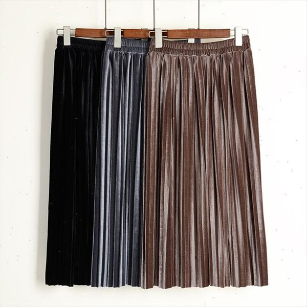 

spring vintage velvet winter skirt pleated skirt high waist elasticty elegant midi casual party skirt metallic fashion women, Black