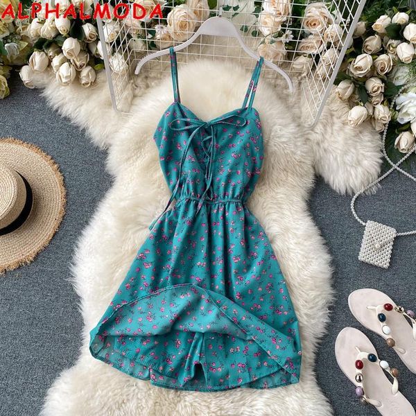 

alphalmoda new floral playsuit summer 2020 new style lace-up holiday style suspender jumpsuit fashion chiffon resort playsuit1, Black;white