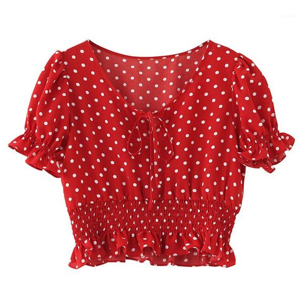 

perhaps u women yellow red polka dot bow collar puff sleeve short sleeve ruched shirt blouse summer b07931, White