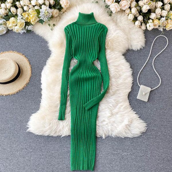 

magro 2020 autumn/winter knitted or crocheted high nightgown mid-length bodycon party long elastic sleeve women's dress base, Black;gray