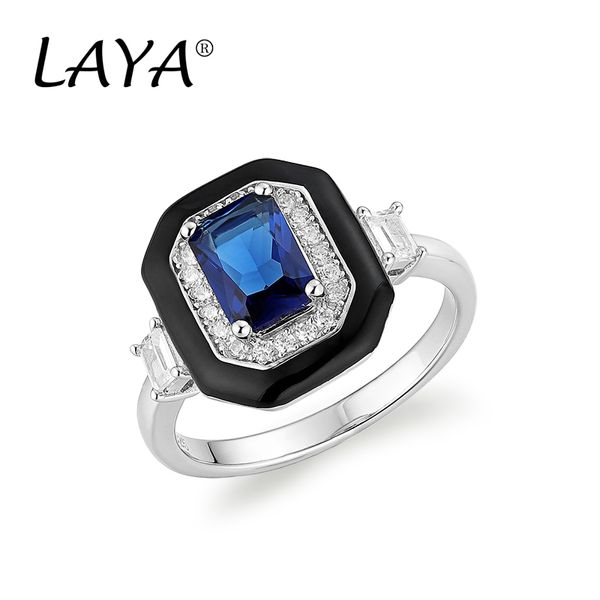 

laya 925 sterling silver with side stones fashion style zircon created crystal glass black enamel square ring for women's wedding jewel