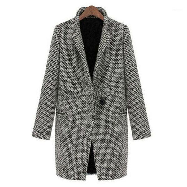 

winter korean plaid houndstooth wool coat women casual basic woolen coats office ladies overcoat elegant long outwear 2019, Black
