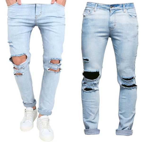 

men's jeans trousers slim pant skinny runway straight elastic denim pants destroyed ripped, Blue