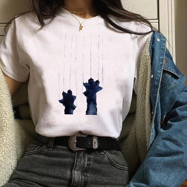 

women printing print graphic cat paw funny animal 90s fashion cartoon clothes lady tees female t shirt womens t shirt, White