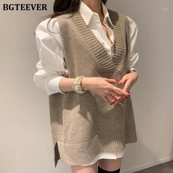 

bgteever v-neck side split knitted vest women sweaters casual loose female knitted sweater waistcoats pullover jumpers 20191, White;black