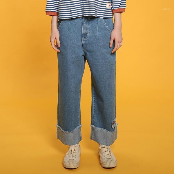 

summer spring harajuku wide leg pants women jeans cuffs hole straight trousers full length female denim pants fashion1, Blue