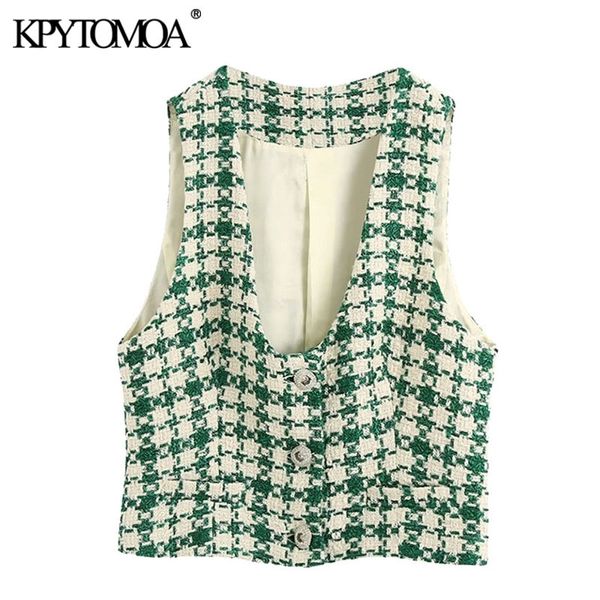 

kpytomoa women fashion button-up tweed cropped vests coat vintage v neck long sleeve female outerwear chic 201110, Black;white