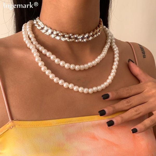 

hip hop iced out rhinestone tennis chain necklace women collares vintage imitation pearl chunky crystal choker wedding year chains, Silver